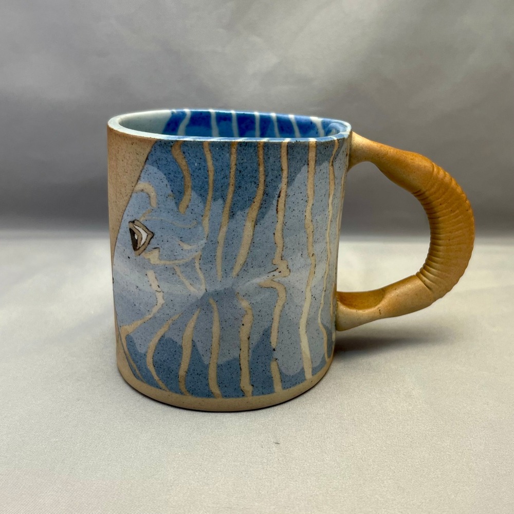 Buzzard Mtn Studio Pottery Mug 1994 Blue Tan Fish Nautical Art Coffee Cup